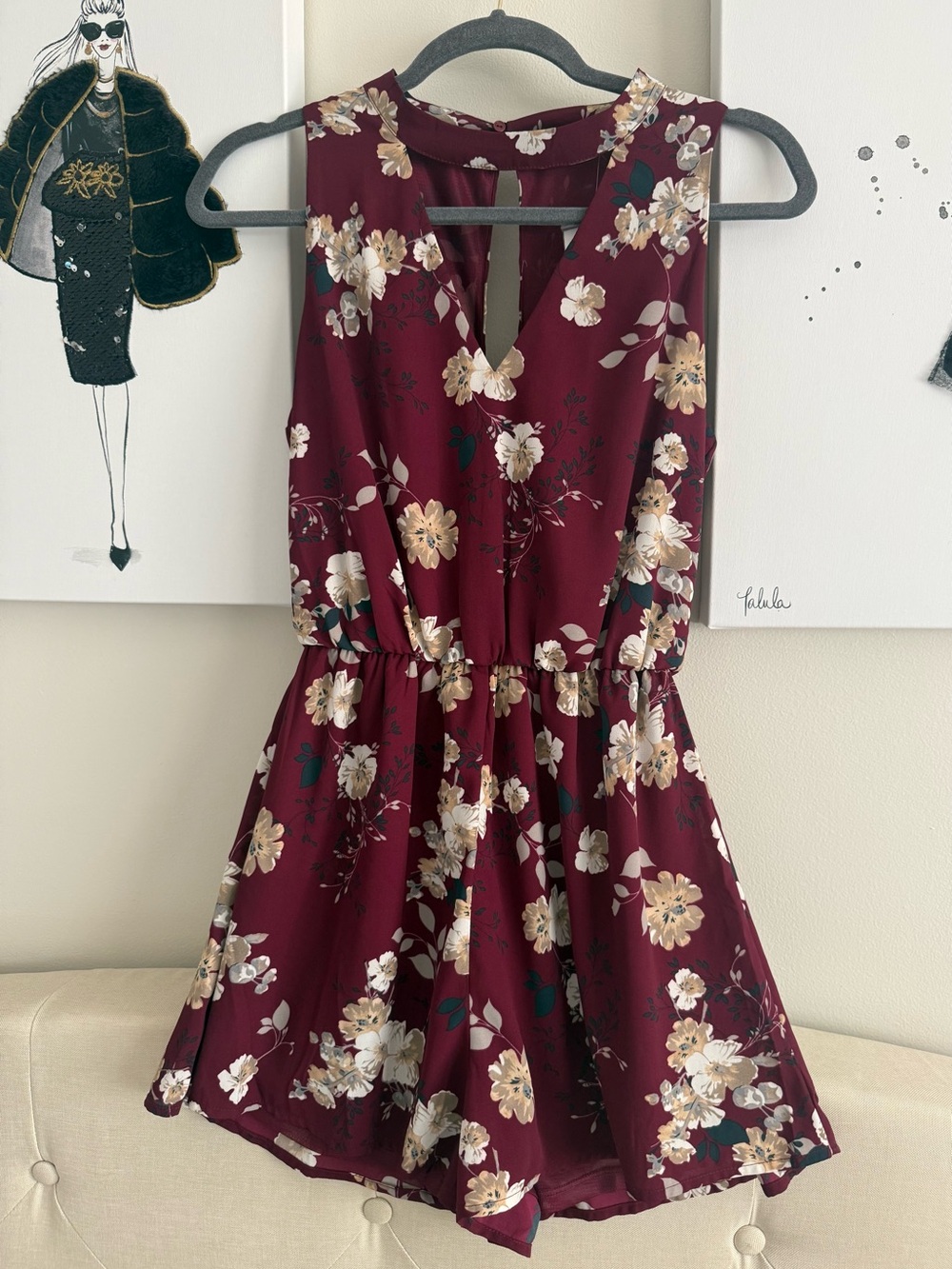 Maroon Floral Sleeveless V-Neck romper jumpsuit Dress